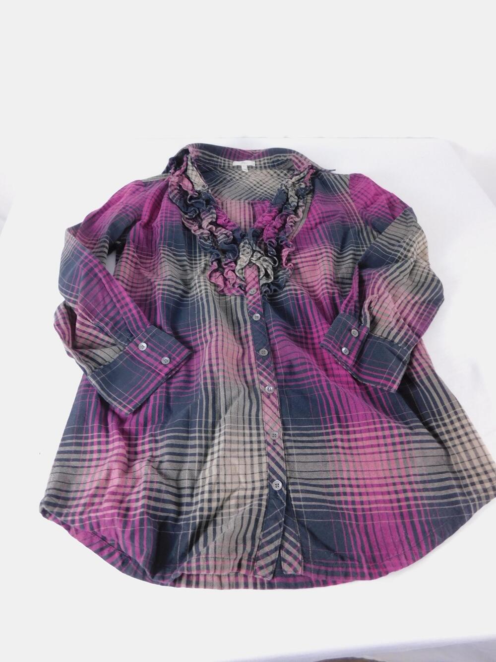 Joie Blouse Womens XS Multicolor Plaid Ruffle V Neck Button Flannel Tunic Top